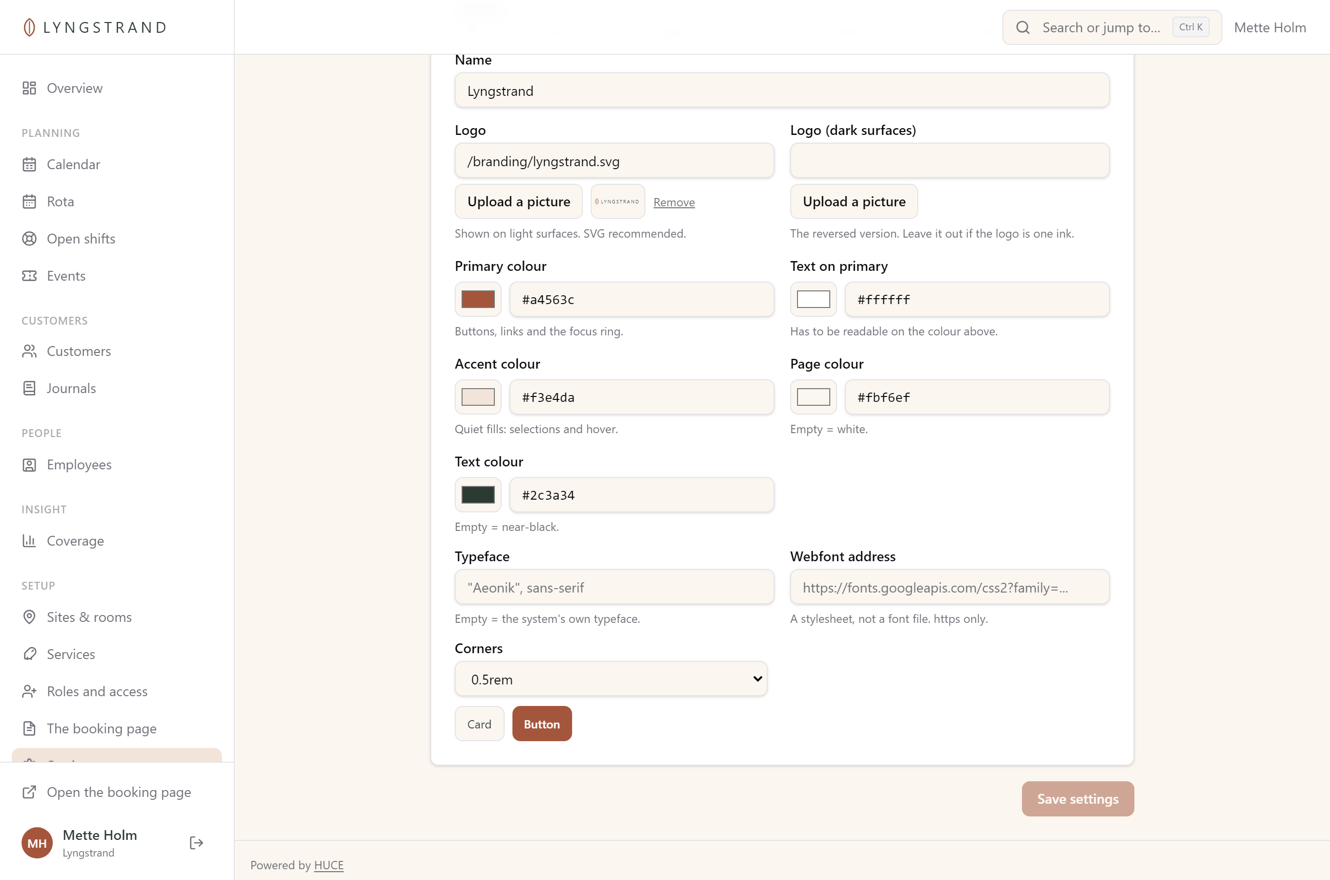 The identity card in settings: fields for the name, the logo, five colours, the typeface and the corner radius.