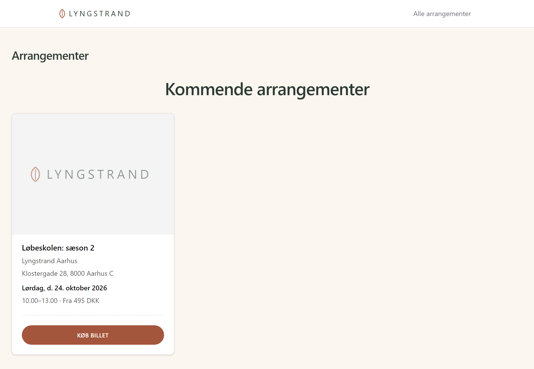 Den offentlige arrangementsside med et kommende kursus, tidspunkt og sted, og en knap til at købe billet.