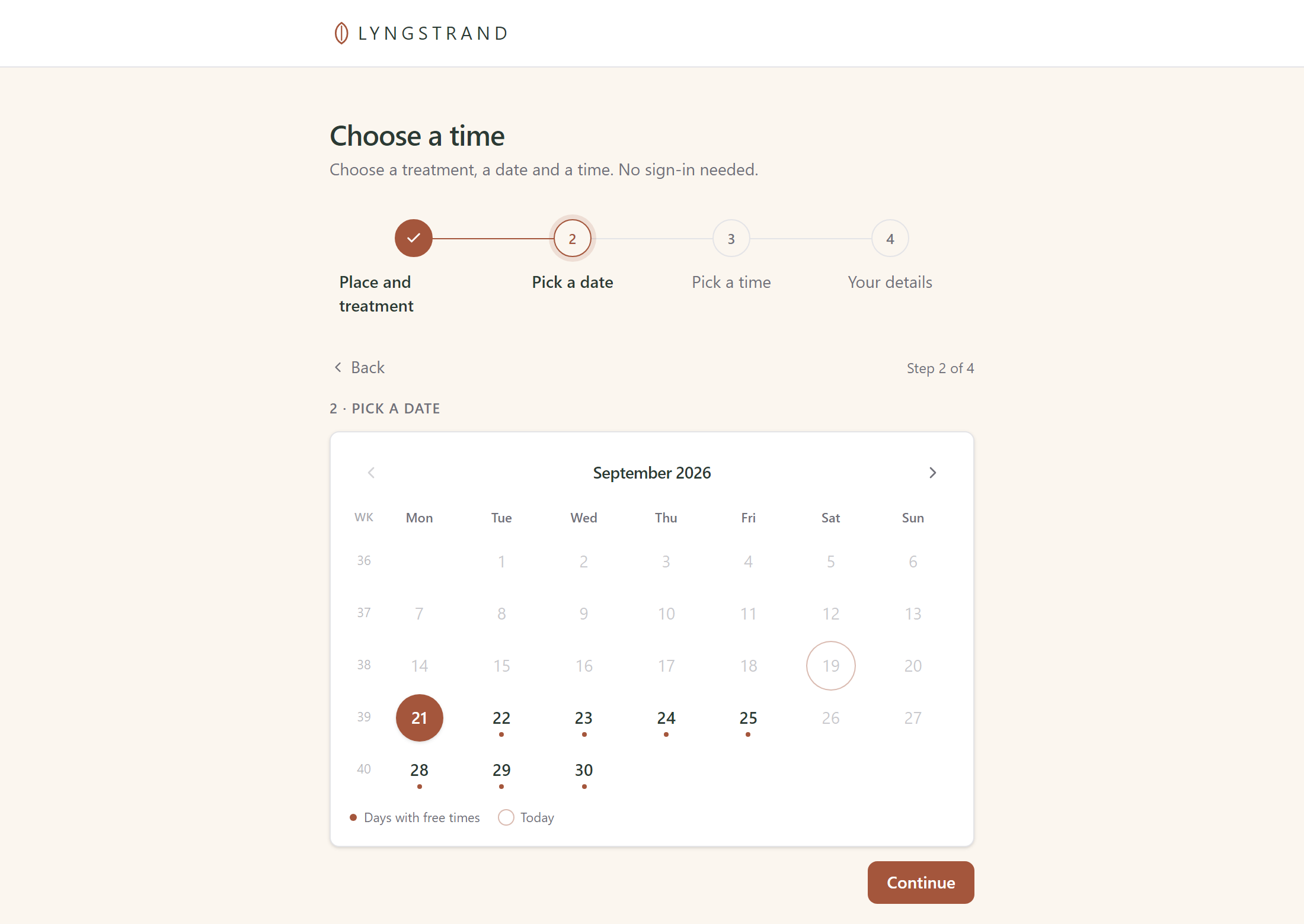 The second step of the booking page: a month calendar where the days with free times are marked with a dot.