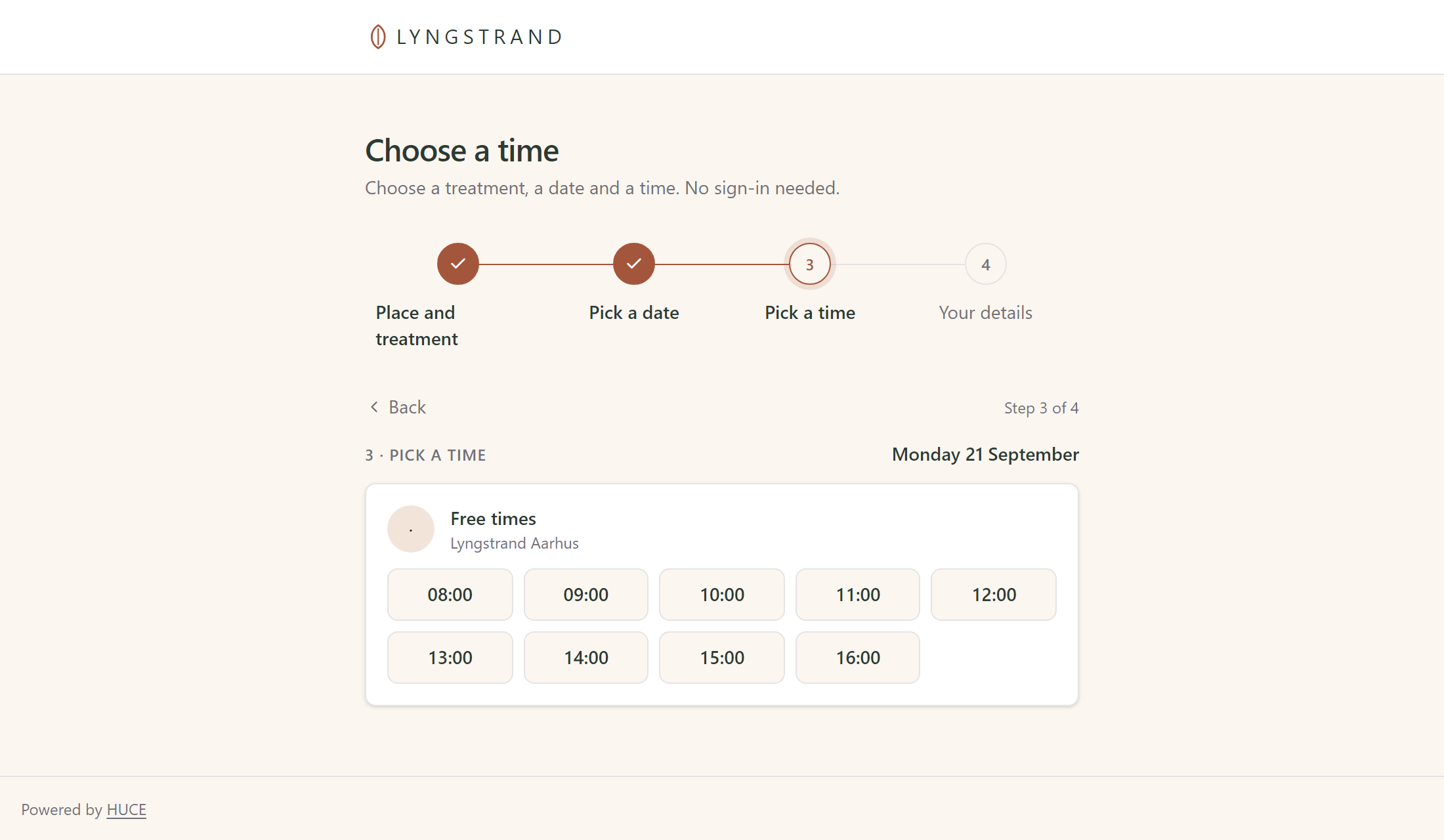 The third step of the booking page: the free times on the chosen day, shown as buttons from 08.00 to 16.00.