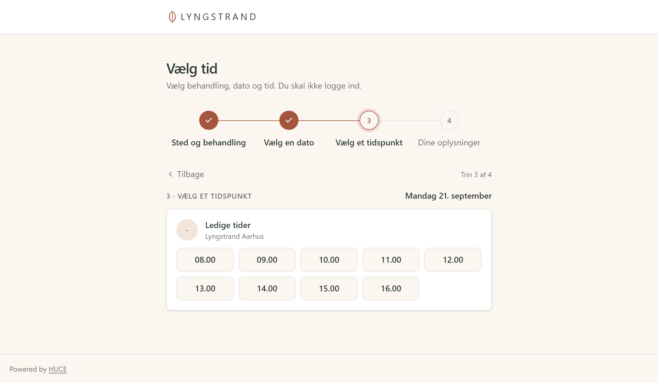Tredje trin på bookingsiden: de ledige klokkeslæt på den valgte dag, vist som knapper fra 08.00 til 16.00.